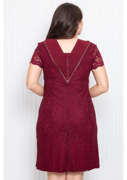 Taş Işlemeli Dantel Kumaş Abiye Bordo MDA3091