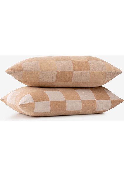 Gingham Gauze Yastık Kılıfı 2'li Set Oak Buff / Rustic Caramel