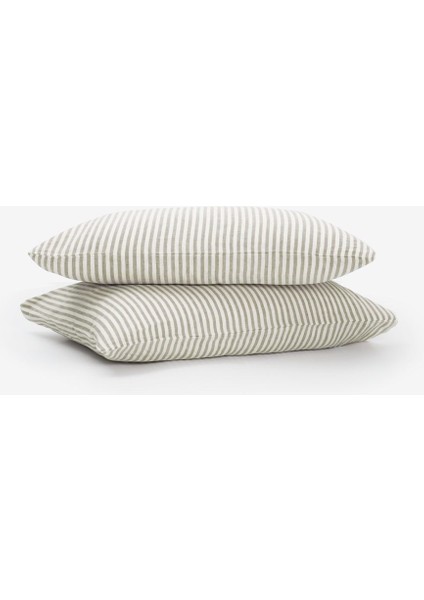 Striped Serenity Keten Yastık Kılıfı 2'li Haki 50 x 70