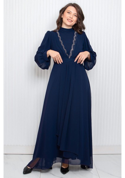 Taş Baskı Detaylı Şifon Abiye Lacivert FHM950