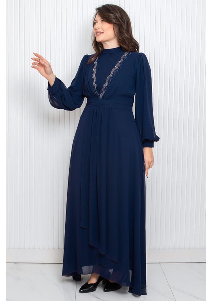 Taş Baskı Detaylı Şifon Abiye Lacivert FHM950 fiyatları