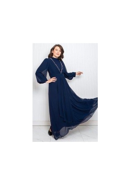 Taş Baskı Detaylı Şifon Abiye Lacivert FHM950 modelleri