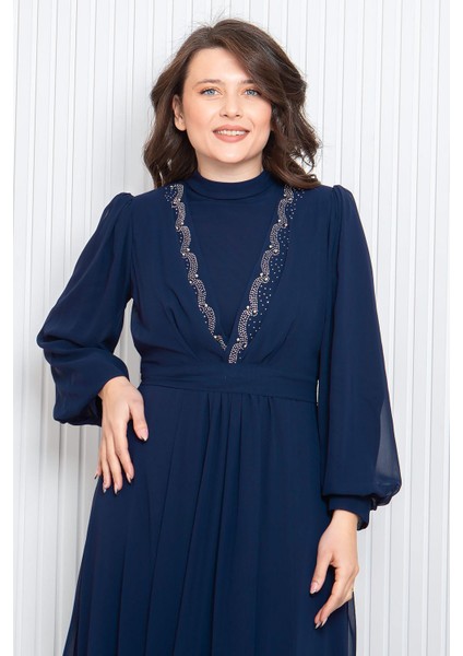 Taş Baskı Detaylı Şifon Abiye Lacivert FHM950 fırsatları