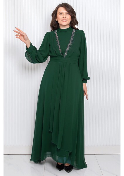 Taş Baskı Detaylı Şifon Abiye Zümrüt FHM950