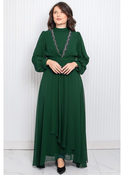 Taş Baskı Detaylı Şifon Abiye Zümrüt FHM950 fiyatları