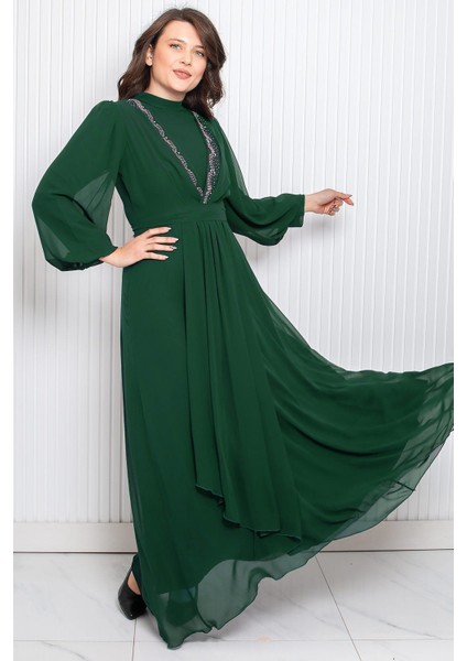 Taş Baskı Detaylı Şifon Abiye Zümrüt FHM950 modelleri