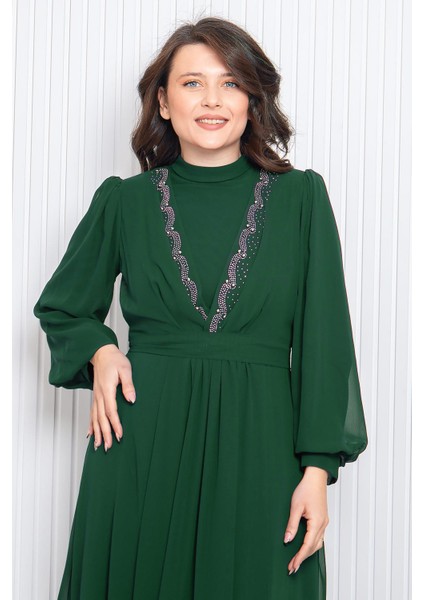 Taş Baskı Detaylı Şifon Abiye Zümrüt FHM950 fırsatları