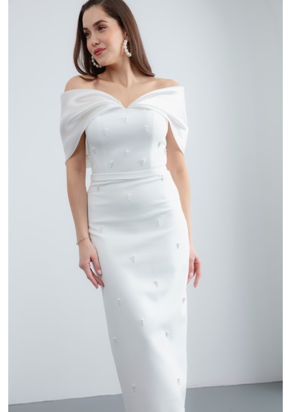 Kadın Beyaz Kayık Yaka Incili Söz Nişan Nikah Abiye Elbise fırsatları