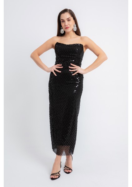 Kadın Siyah Straplez Boncuklu Midi Abiye Elibse