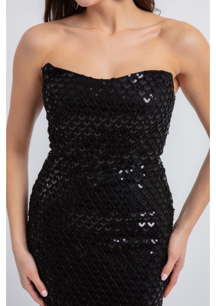 Kadın Siyah Straplez Boncuklu Midi Abiye Elibse fiyatları