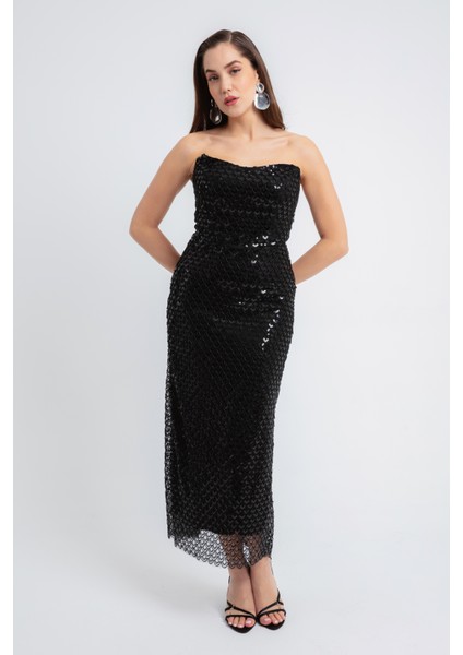 Kadın Siyah Straplez Boncuklu Midi Abiye Elibse modelleri