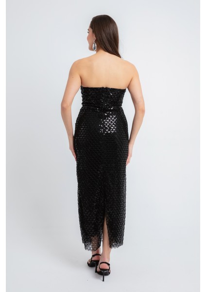 Kadın Siyah Straplez Boncuklu Midi Abiye Elibse indirimleri