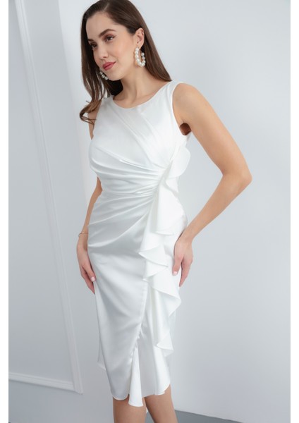 Kadın Beyaz Fırfırlı Saten Midi Söz Nişan Nikah Abiye Elbise modelleri