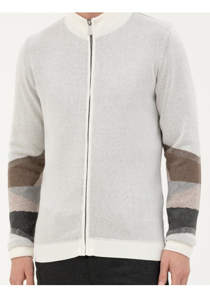 Erkek Ekru Slim Fit Fermuarlı Triko Hırka 50278102-VR019