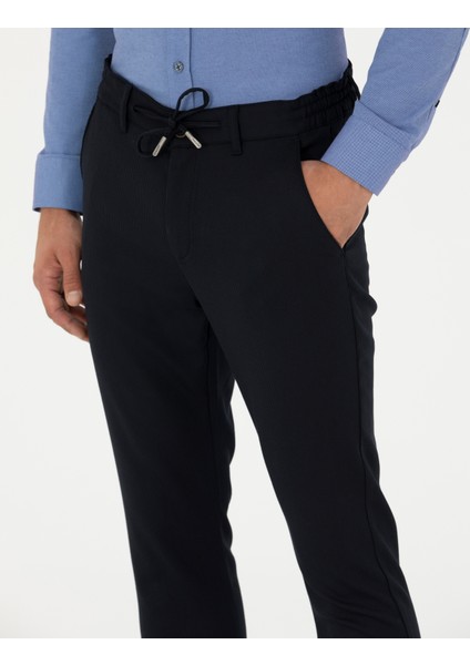 Erkek Lacivert Slim Fit Çizgili Beli Lastikli Bağcıklı Kanvas Pantolon 50279389-VR033