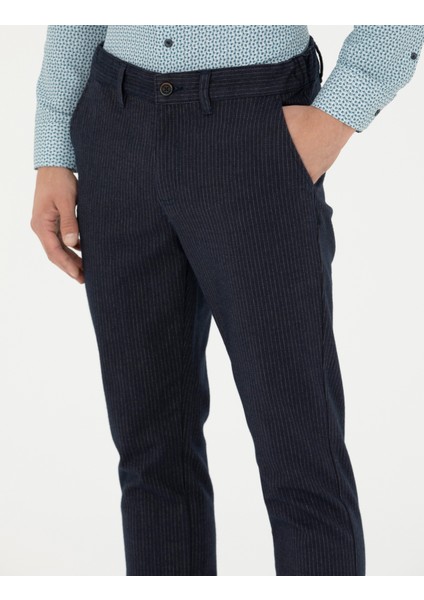 Erkek Lacivert Slim Fit Çizgili Kanvas Pantolon 50278468-VR033