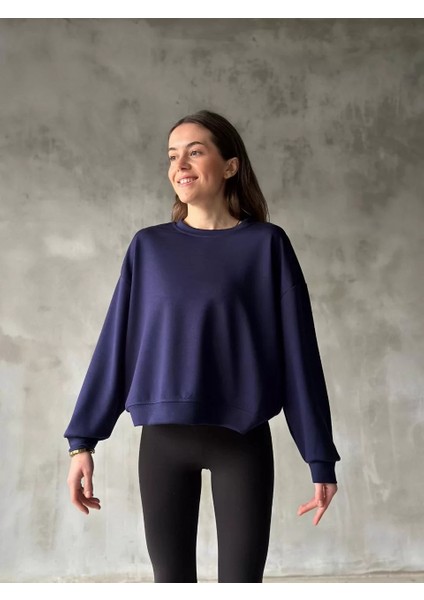 Osy Modal Yumuşak Dokulu Kumaş Bisiklet Yaka Oversize Sweatshirt - Lacivert