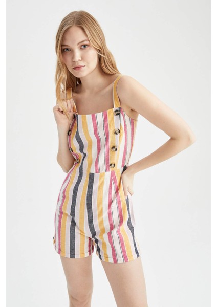 Kare Yaka Çizgili Keten Karışımlı Askılı Kısa Tulum W8575AZ22SM modelleri