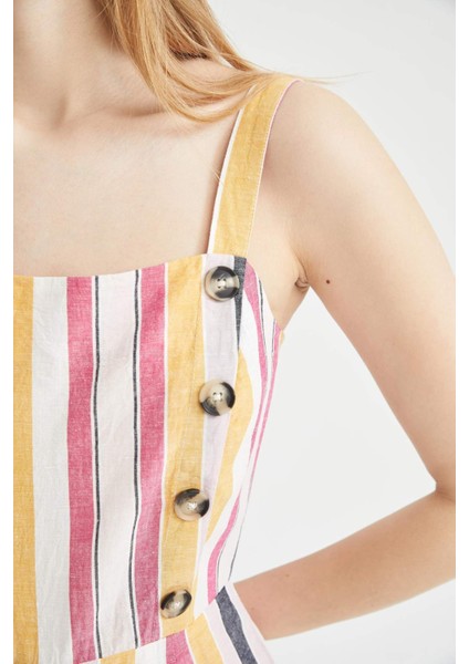 Kare Yaka Çizgili Keten Karışımlı Askılı Kısa Tulum W8575AZ22SM fırsatları