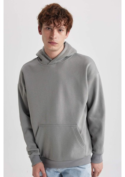 Oversize Geniş Kalıp Kapüşonlu Kanguru Cepli Basic Düz Sweatshirt A4331AX23AU