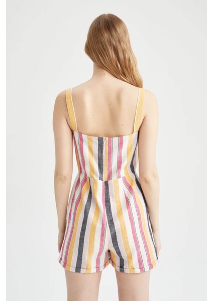 Kare Yaka Çizgili Keten Karışımlı Askılı Kısa Tulum W8575AZ22SM indirimleri