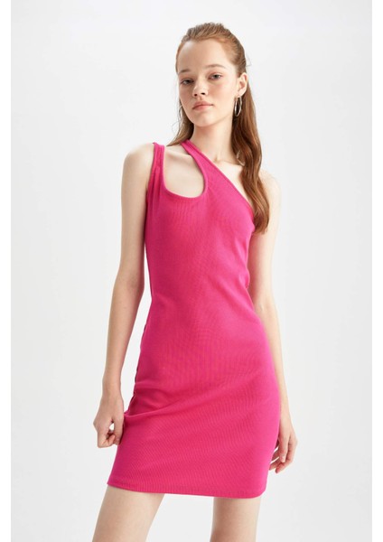 Coool Bodycon Tek Omuzlu Kaşkorse Basic Düz Mini Elbise Y7766AZ22HS