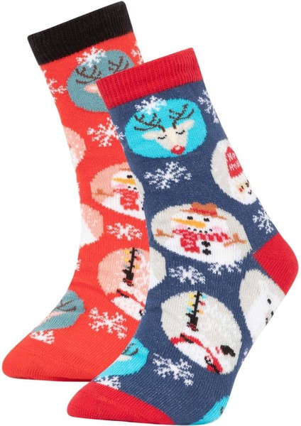 Erkek Çocuk Yılbaşı Temalı Pamuklu 2'li Uzun Kutulu Çorap Y4964A6NS