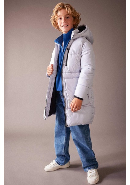 Erkek Çocuk Su Geçirmez Reflektör Baskılı Kapüşonlu Polar Astarlı Uzun Mont Kaban A2729A823WN fiyatları