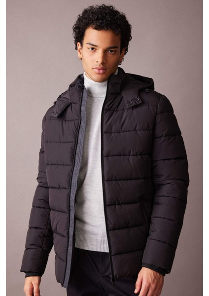 Rüzgar Geçirmez Şişme Mont Slim Fit Dar Kesim Kapüşonlu Suni Kürk Astarlı Fermuarlı R0216AZ23AU