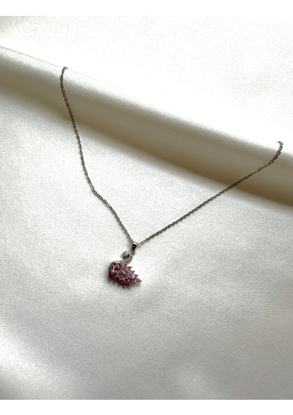 Taşlı Pembe Kuğu Silver Çelik Kolye