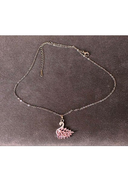 Taşlı Pembe Kuğu Silver Çelik Kolye