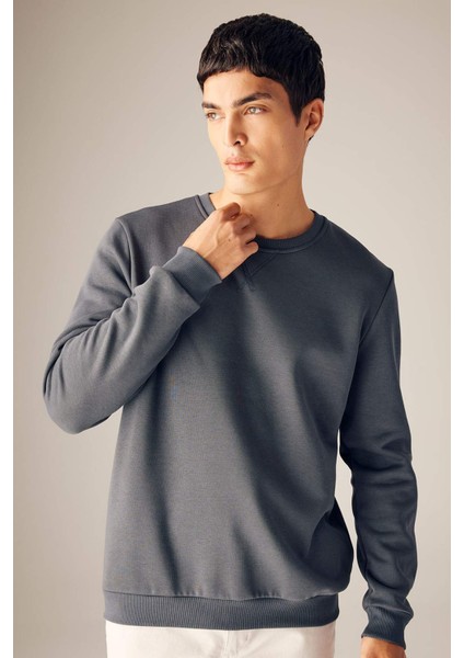 Antrasit Regular Fit Bisiklet Yaka Pamuklu Basic Düz Sweatshirt T3777AZ23AU