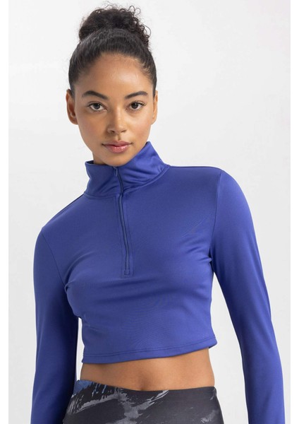 Fit Slim Fit Dar Kesim Fermuarlı Dik Yaka Sporcu Uzun Kollu Tişört