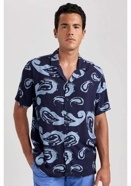 Relax Fit Apaş Yaka Desenli Viskon Kısa Kollu Gömlek B1257AX23HS