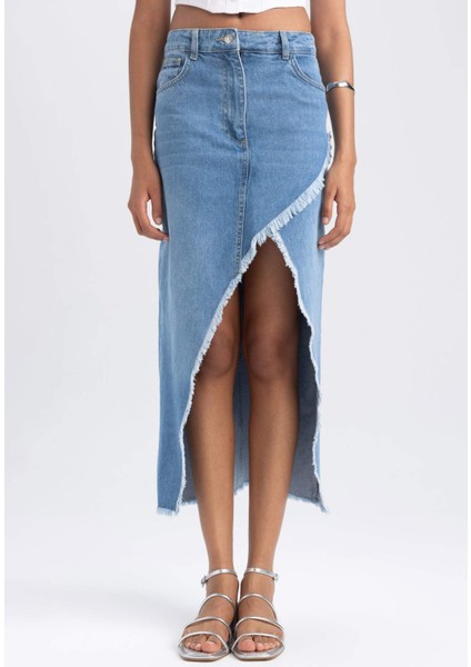 Long Fit Yırtmaçlı %100 Pamuk Midi Jean Etek A9712AX23HS