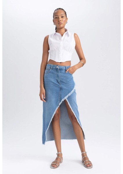 Long Fit Yırtmaçlı %100 Pamuk Midi Jean Etek A9712AX23HS