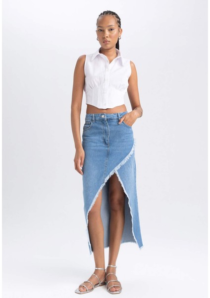 Long Fit Yırtmaçlı %100 Pamuk Midi Jean Etek A9712AX23HS