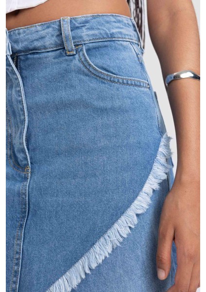 Long Fit Yırtmaçlı %100 Pamuk Midi Jean Etek A9712AX23HS