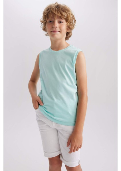 Erkek Çocuk Turkuaz Standart Fit Normal Kesim Bisiklet Yaka Basic Düz %100 Pamuklu Atlet B0669A8NS