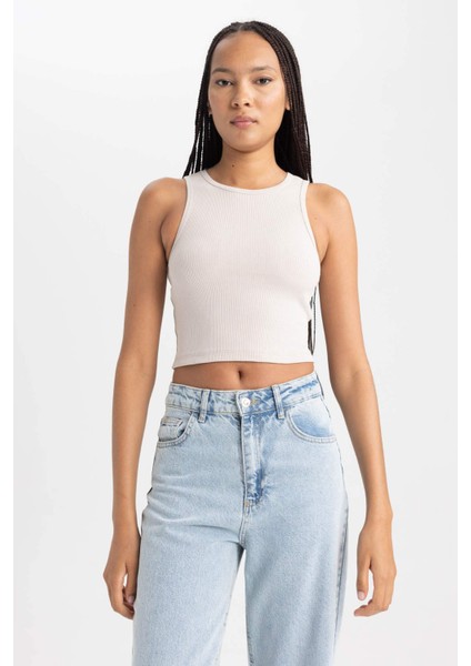 Kadın Bej Fitted Halter Yaka Düz Basic Pamuklu Atlet B0658AXNS