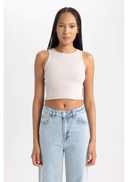 Kadın Bej Fitted Halter Yaka Düz Basic Pamuklu Atlet B0658AXNS