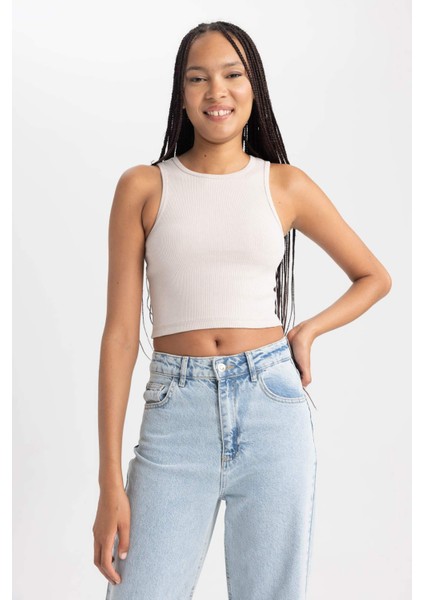 Kadın Bej Fitted Halter Yaka Düz Basic Pamuklu Atlet B0658AXNS
