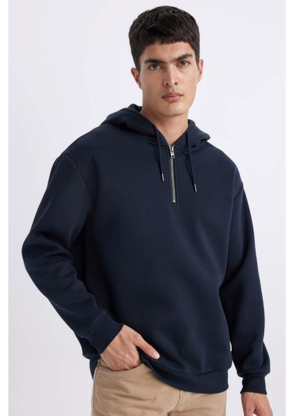 Oversize Geniş Kalıp Kapüşonlu Yarım Fermuarlı Sweatshirt B4846AX24SP
