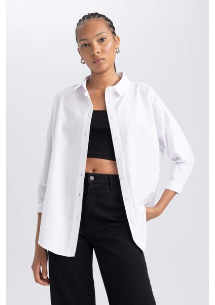 Kadın Beyaz Oversize Fit Geniş Kesim Gömlek Yaka Basic Düz Poplin Uzun Kollu Tunik B0659AXNS