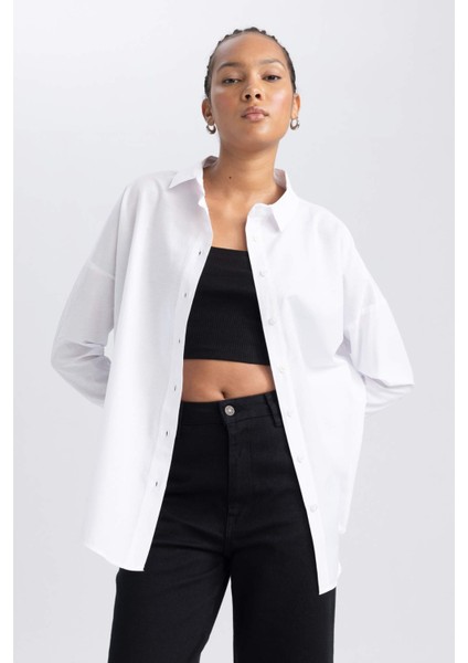 Kadın Beyaz Oversize Fit Geniş Kesim Gömlek Yaka Basic Düz Poplin Uzun Kollu Tunik B0659AXNS