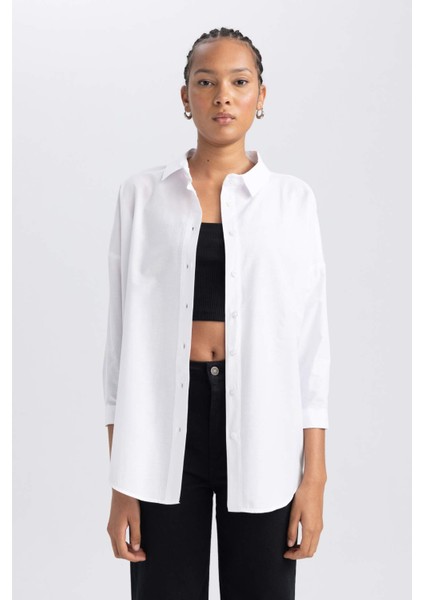 Kadın Beyaz Oversize Fit Geniş Kesim Gömlek Yaka Basic Düz Poplin Uzun Kollu Tunik B0659AXNS