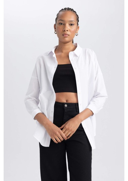 Kadın Beyaz Oversize Fit Geniş Kesim Gömlek Yaka Basic Düz Poplin Uzun Kollu Tunik B0659AXNS