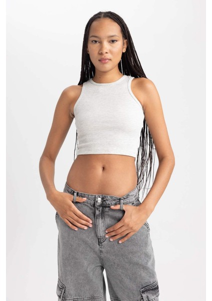 Kadın Gri Fitted Halter Yaka Düz Basic Pamuklu Atlet B0658AXNS