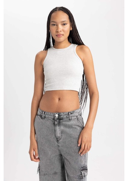 Kadın Gri Fitted Halter Yaka Düz Basic Pamuklu Atlet B0658AXNS