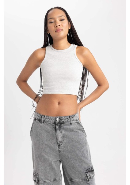 Kadın Gri Fitted Halter Yaka Düz Basic Pamuklu Atlet B0658AXNS